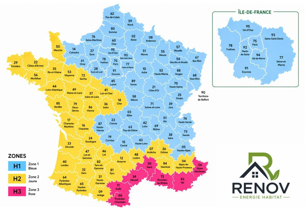 Carte de France des départements répartis entre les zones climatiques H1, H2 et H3, avec le nouveau logo Rénov Énergie Habitat